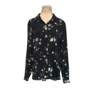 H&M black blue floral long sleeves button shirt size 10